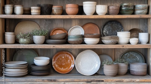 Rustic Pottery Collection: Handmade Ceramic Dishes, Plates, and Bowls on Wooden Shelves - A Still Life of Artisan Tableware and Home Decor