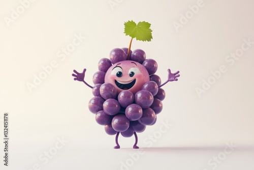 A cheerful cartoon grape with arms and legs happily waving on a white background.