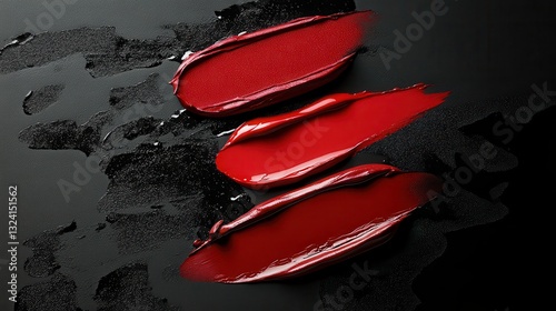 A canvas of velvety black, adorned with three elegant red lipsticks, each with a hint of smudge, whispering tales of passion and allure. photo