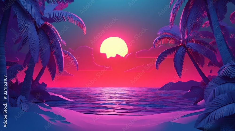 Fototapeta premium A rich magenta sunset over a calm teal ocean layered 3D paper cut palm trees with soft sandy textures tropical paradise in comic art.