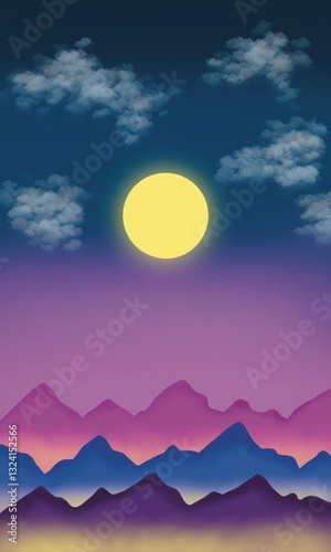Painting of a full moon appearing at night, surrounded by nature, mountains.