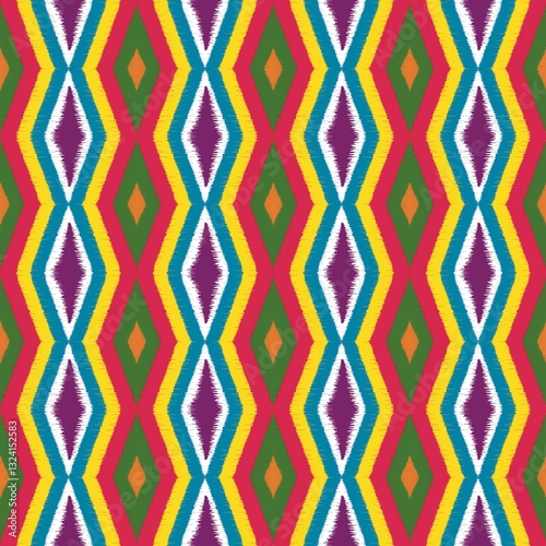 Ikat seamless pattern. Ethnic pattern art. Yellow, Green, Blue, Red. Design for background, wallpaper,  fabric, clothing, carpet, textile, batik, embroidery.	