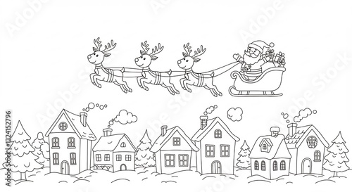 Joyful Santa sleigh flies over quaint snowy village. AI Generated