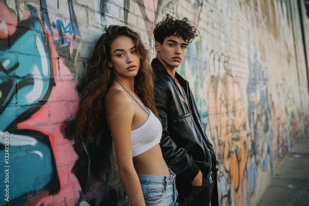 Naklejka premium Urban Portraits Against Colorful Graffiti Background