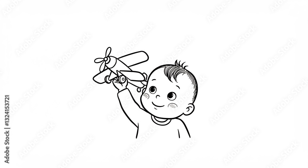 Cute baby joyfully holds wooden airplane toy. AI Generated Cute baby joyfully holds wooden airplane toy. AI Generated
