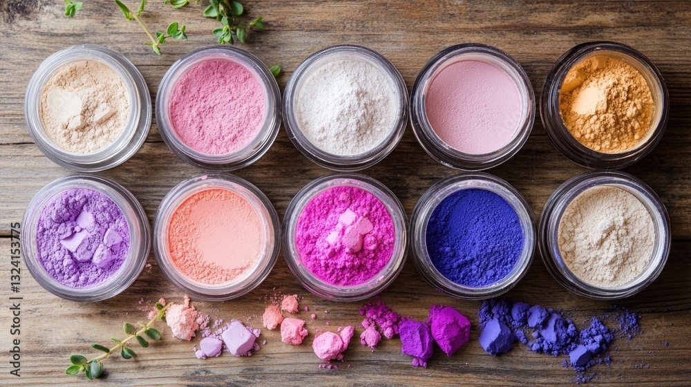 Naklejka premium Vibrant Colorful Powders in Clear Jars on Rustic Wooden Surface