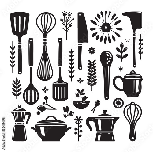 kitchen utensils set icon black silhouette vector on white background.