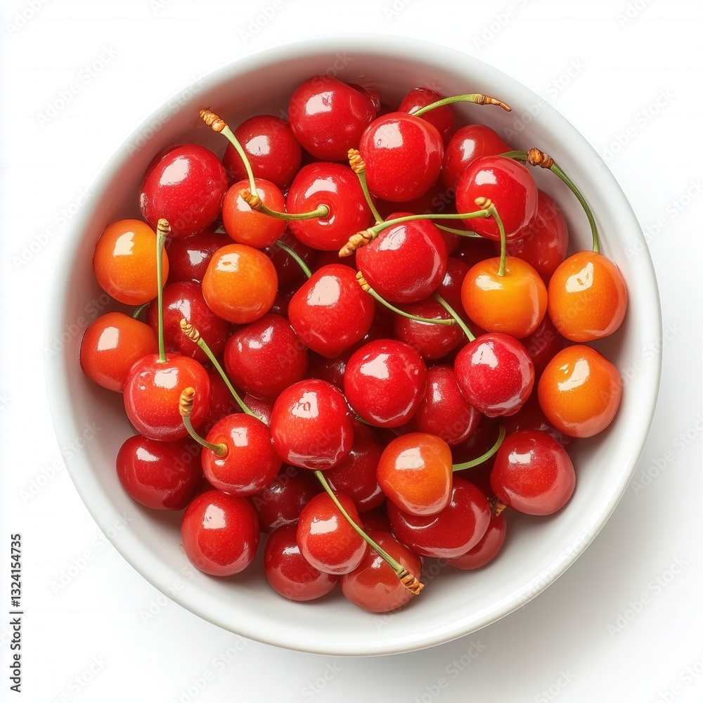 Vibrant Cherry Tomatoes in a White Bowl: Fresh, Glossy Red Fruit with Stems Attached, Close-Up Shot Vibrant Cherry Tomatoes in a White Bowl: Fresh, Glossy Red Fruit with Stems Attached, Close-Up Shot