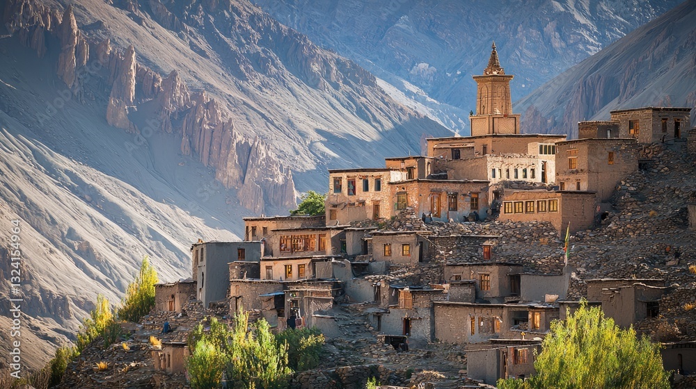 Obraz premium Traditional village nestled in a mountainous landscape with unique architecture