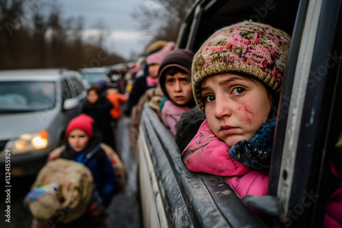 Refugee children with sad eyes looking out of a car window during evacuation