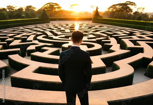 A man in a suit stands at the entrance of a large outdoor maze with shrubs cut into curved shapes.