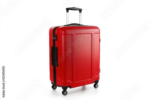 vibrant red hardshell travel suitcase with telescopic handle and wheels, photographed at a three-quarter angle against a pure white background with subtle shadow for depth and dimensionality