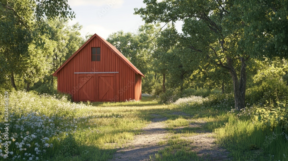 Rustic Red Barn in a Verdant Landscape: A Serene Countryside Scene with a Wooden Farmhouse, Lush Grass, and Blooming Flowers Bathed in Warm Sunlight Rustic Red Barn in a Verdant Landscape: A Serene Countryside Scene with a Wooden Farmhouse, Lush Grass, and Blooming Flowers Bathed in Warm Sunlight