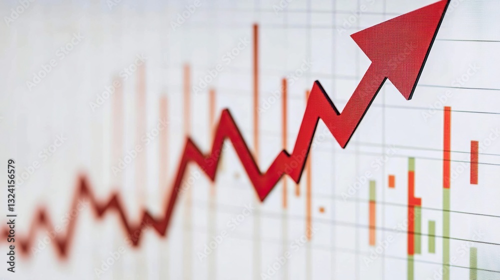 Close-up of a Upward arrow graph on a digital screen with financial charts, Symbolizes rising earnings, rising financials, and market analysis concepts.
