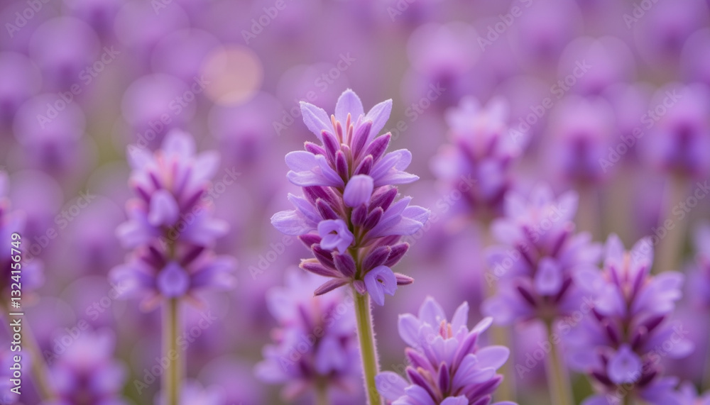 Close-up of a blooming lavender field with vibrant purple flowers in full bloom during golden hour sunlight Close-up of a blooming lavender field with vibrant purple flowers in full bloom during golden hour sunlight