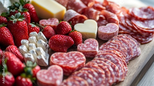 Exquisite Charcuterie Board: Heart-Shaped Salami, Strawberries, and Cheese - A Romantic Culinary Delight for Celebrations and Gourmet Snacking