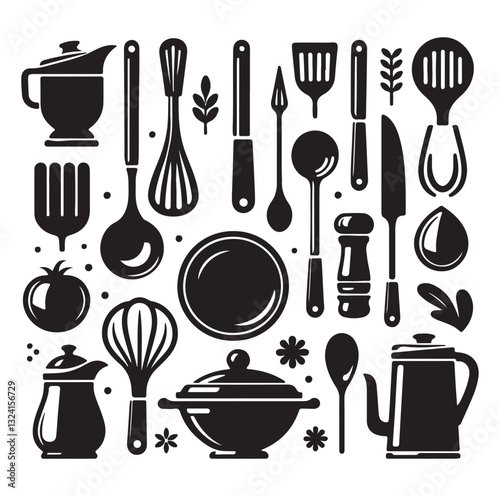 kitchen utensils set icon black silhouette vector on white background.