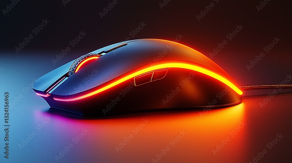 Sleek gaming mouse with glowing accents on a smooth surface, showcasing modern design Sleek gaming mouse with glowing accents on a smooth surface, showcasing modern design