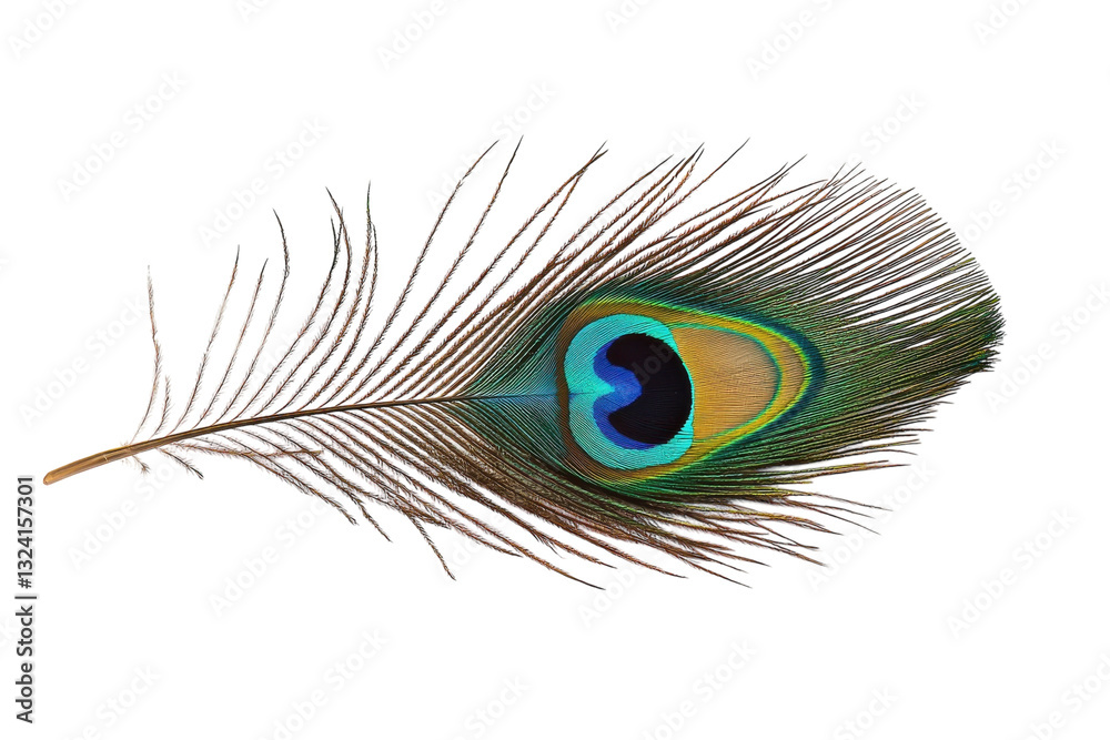 Obraz premium Colorful peacock feather illustration with blue green eye pattern isolated on Transparent Background