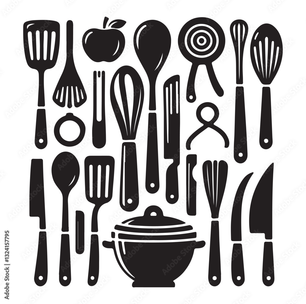 kitchen utensils set icon black silhouette vector on white background. kitchen utensils set icon black silhouette vector on white background.