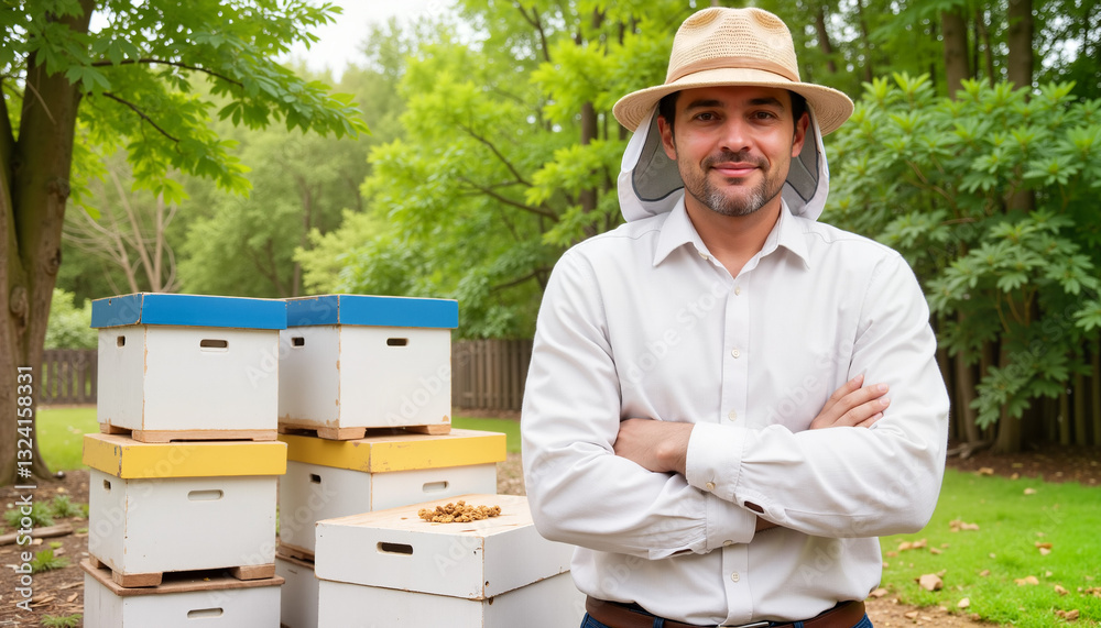 Smiling beekeeper standing confidently in front of colorful beehives, showcasing sustainable honey production in a natural environment Smiling beekeeper standing confidently in front of colorful beehives, showcasing sustainable honey production in a natural environment