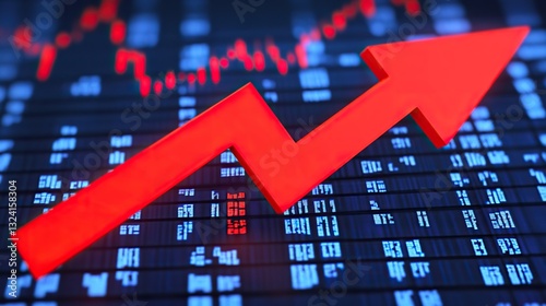 Close-up of a Upward arrow graph on a digital screen with financial charts, Symbolizes rising earnings, rising financials, and market analysis concepts.
