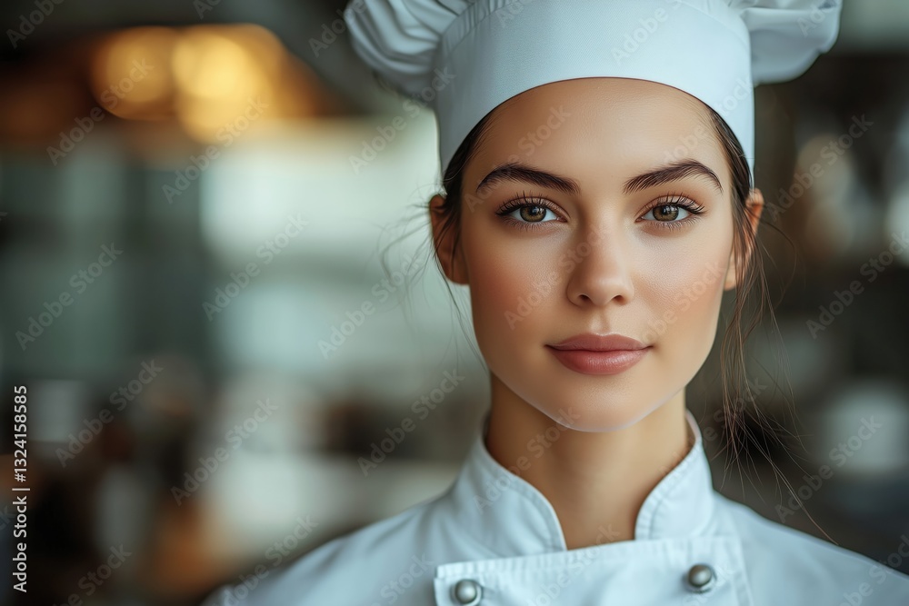 A young female chef wearing a white uniform and hat, smiling confidently in a kitchen setting. A young female chef wearing a white uniform and hat, smiling confidently in a kitchen setting.