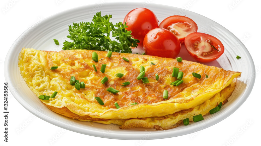 Delicious omelette with cherry tomatoes and chives on transparent background Delicious omelette with cherry tomatoes and chives on transparent background