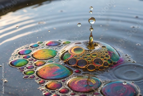 Macro Shot Capturing Colorful Oil Droplets on Water Surface With Fine Details Generative AI