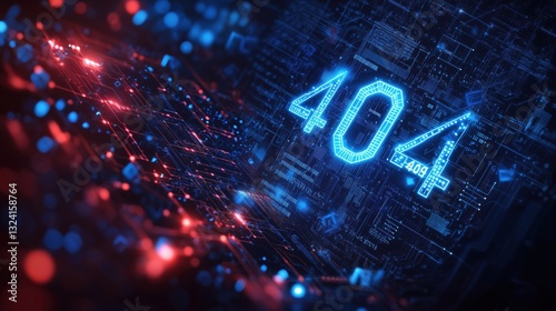 A futuristic digital background featuring a glowing 404 error code with blue and red lights.