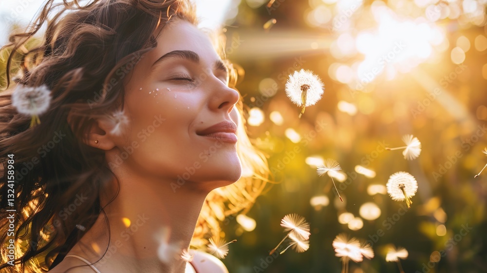 Fototapeta premium Sunset Serenity: A Boho - Style Beauty in Meditation Among Blowing Dandelion Seeds
