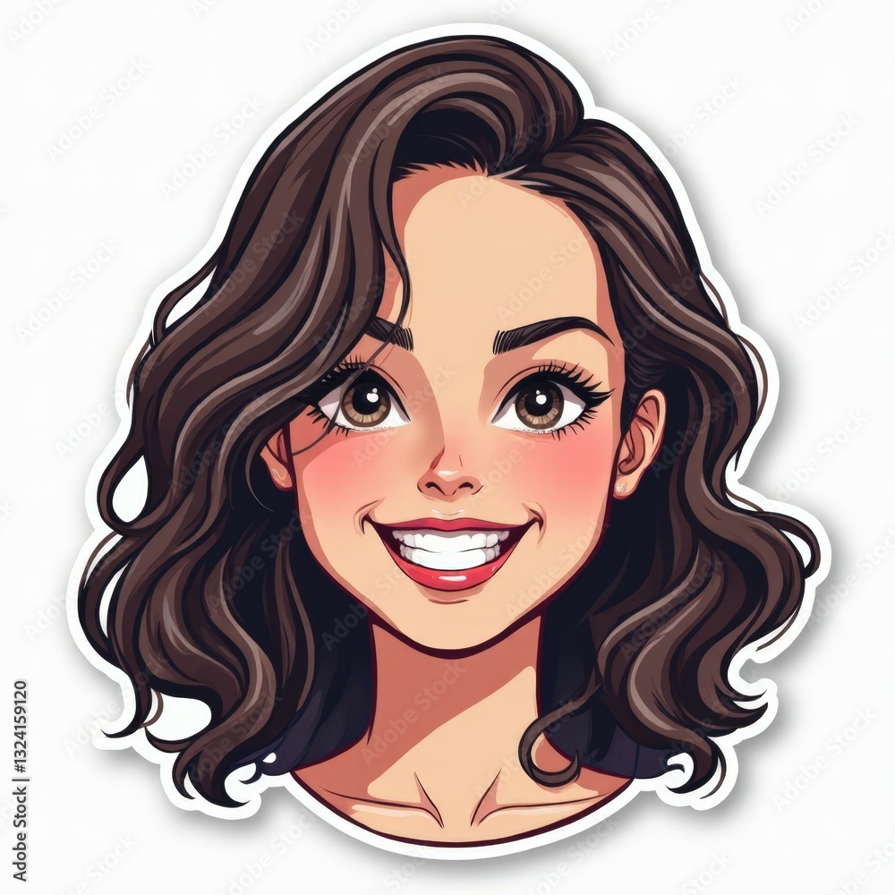 Stylized Cartoon Illustration of a Smiling Woman with Dark Hair and Eyes, Wearing a Black Shirt and Red Lipstick