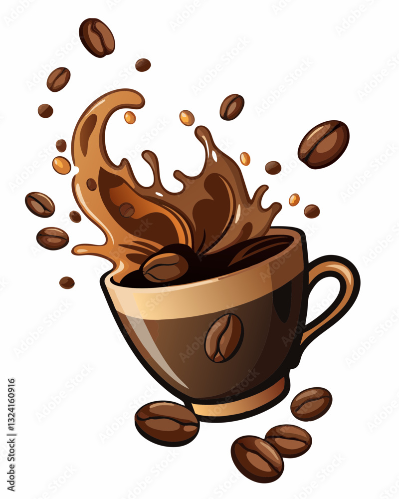 Obraz premium Dynamic Coffee Cup Splash with Spilling Beans – Isolated on White Background for Cafe & Branding Art.