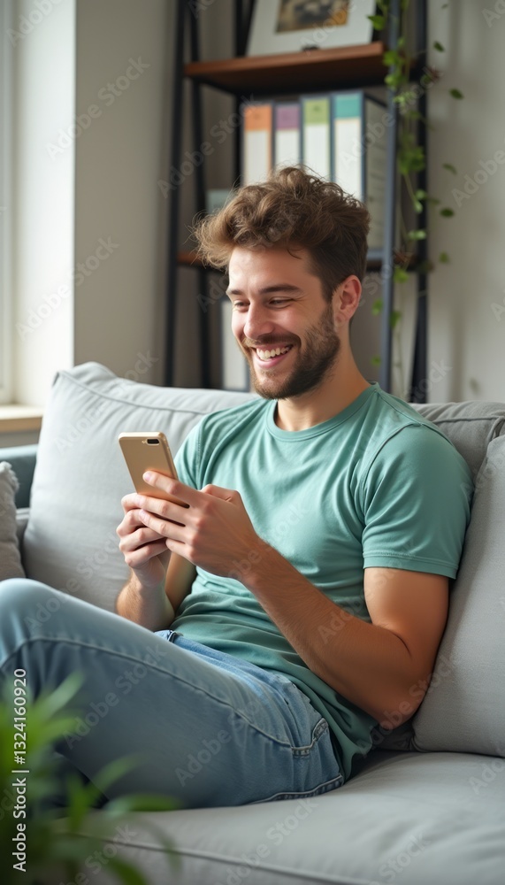 A young man with a joyful expression is sitting comfortably on a light gray couch, engrossed in his smartphone. The warm atmosphere is enhanced by natural light streaming through the window, creating A young man with a joyful expression is sitting comfortably on a light gray couch, engrossed in his smartphone. The warm atmosphere is enhanced by natural light streaming through the window, creating