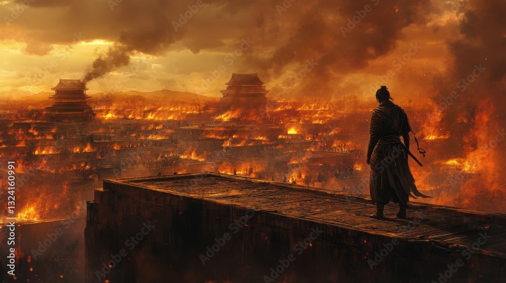 Fototapeta premium Samurai watches burning city