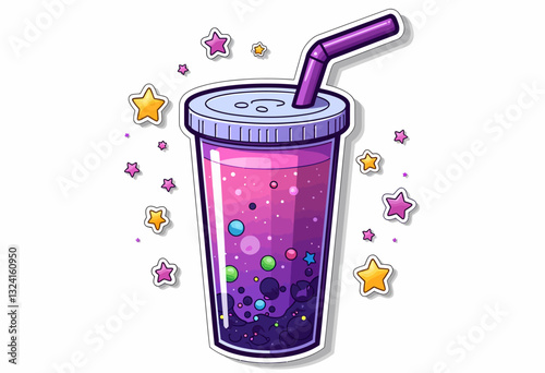 Reach for the Stars with Every Sip: Quench Your Thirst with a Vibrant, Galactic Bubble Tea, Complete with a Striped Straw, Sparkling Stars, and Delightful Boba.

