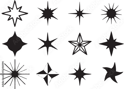 Sparkle star Black Icons on white background. blinking stars, sparks and sparkles. Shining twinkle sunburst stars. Magic light glitter flare pack for design template, poster, banner, brochure.