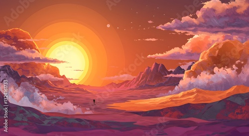 Polygonal Sunset Art: Vibrant Mountain Landscape Illustration