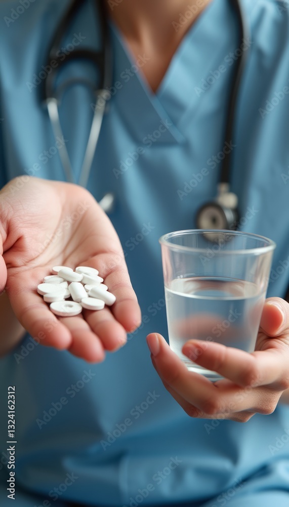 A healthcare professional in scrubs holds a glass of water in one hand and a handful of white pills in the other, symbolizing care and support. This image captures the essence of medical assistance A healthcare professional in scrubs holds a glass of water in one hand and a handful of white pills in the other, symbolizing care and support. This image captures the essence of medical assistance