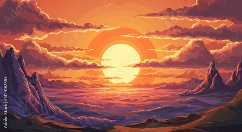 Polygonal Sunset Art: Vibrant Mountain Landscape Illustration
