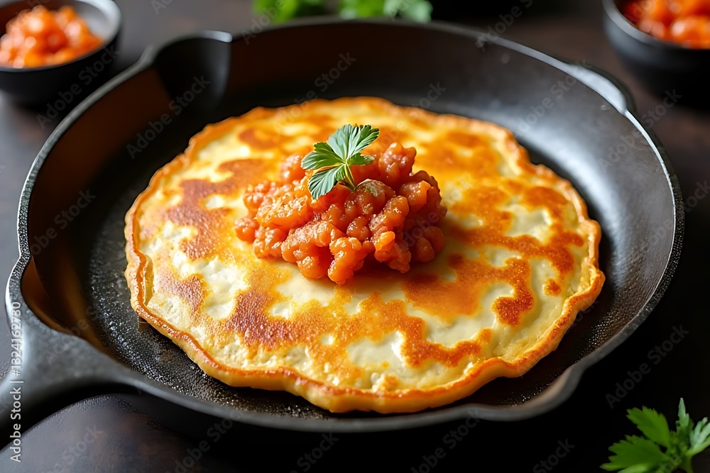 Cooking delicious pancakes with savory topping kitchen food photography indoor close-up Cooking delicious pancakes with savory topping kitchen food photography indoor close-up