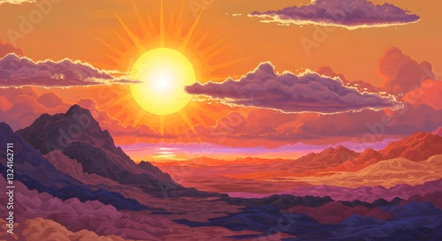 Polygonal Sunset Art: Vibrant Mountain Landscape Illustration