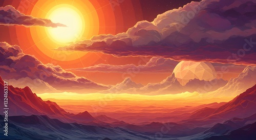Polygonal Sunset Art: Vibrant Mountain Landscape Illustration