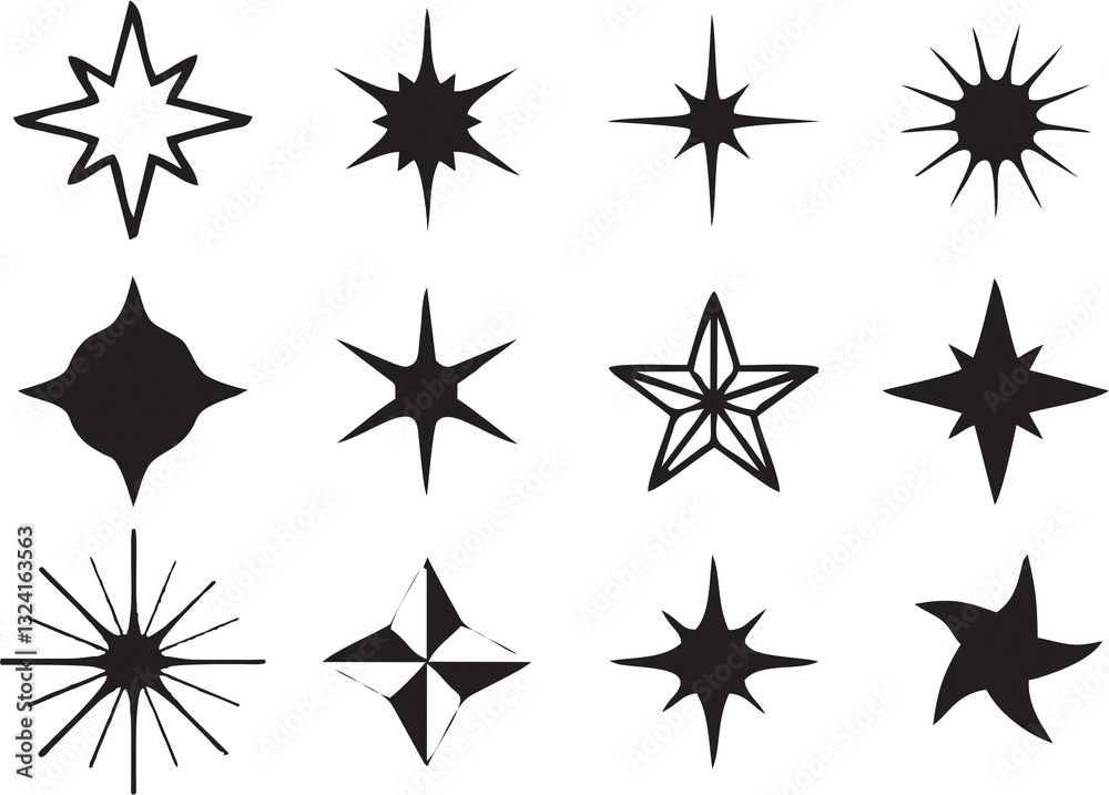 Sparkle star Black Icons on white background. blinking stars, sparks and sparkles. Shining twinkle sunburst stars. Magic light glitter flare pack for design template, poster, banner, brochure. Sparkle star Black Icons on white background. blinking stars, sparks and sparkles. Shining twinkle sunburst stars. Magic light glitter flare pack for design template, poster, banner, brochure.