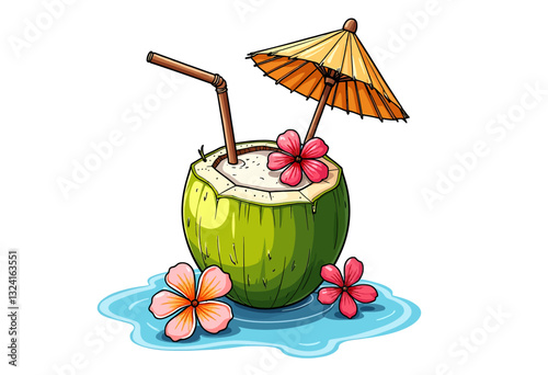 Indulge in Tropical Bliss: Quench Your Thirst with a Refreshing Coconut Drink Adorned with a Paper Umbrella, Juicy Mango, and Exotic Hibiscus.

