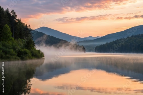 Serene Mountain Lake at Sunrise With Mist Rising Over Still Water Generative AI
