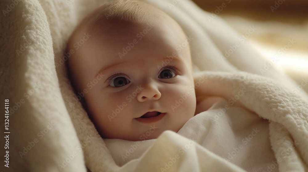 Content Newborn Nested in Soft White Swaddle, Calm Face Close-Up, Heartwarming and Delicate Environment Content Newborn Nested in Soft White Swaddle, Calm Face Close-Up, Heartwarming and Delicate Environment