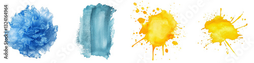 Collection of yellow and blue watercolor splashes stain isolated on transparent or white background