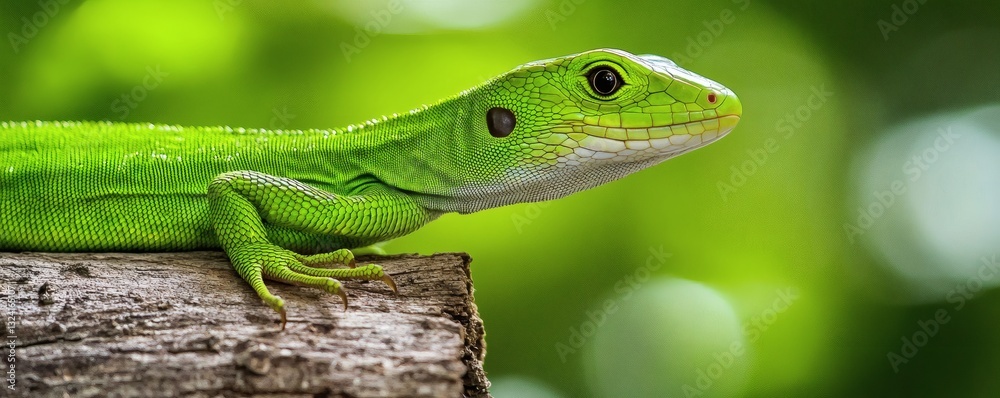 Fototapeta premium A vibrant green lizard perches on a piece of weathered wood