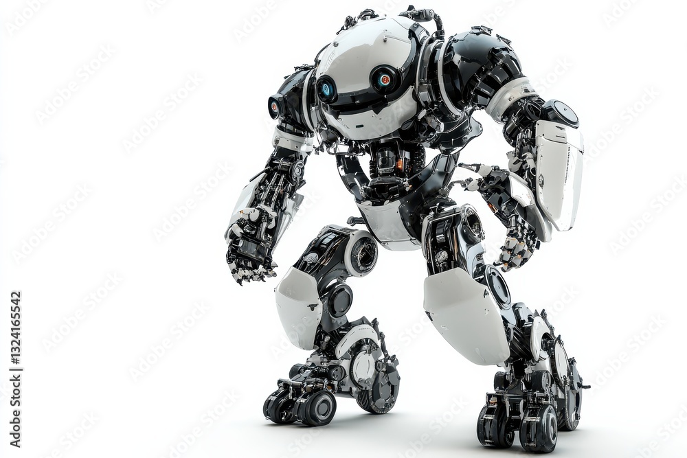 A humanoid robot with metallic features explores a modern setting isolated on transparent background A humanoid robot with metallic features explores a modern setting isolated on transparent background